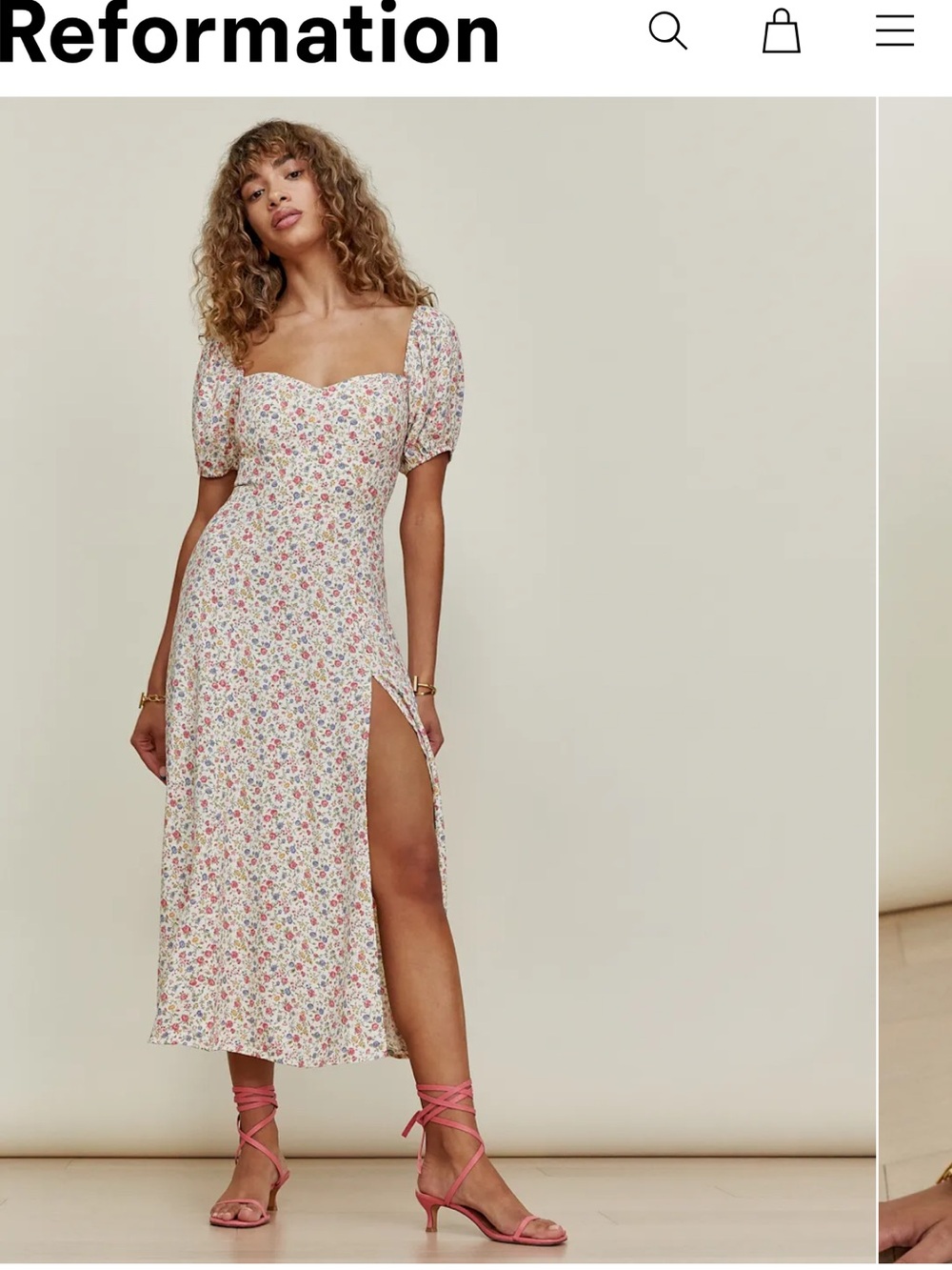 Reformation White Floral Puff-Sleeve Midi Dress with Pink Flowers